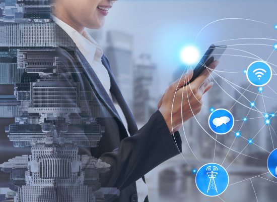 the background is smart city, a girl is using a mobile phone to connect with the outside world