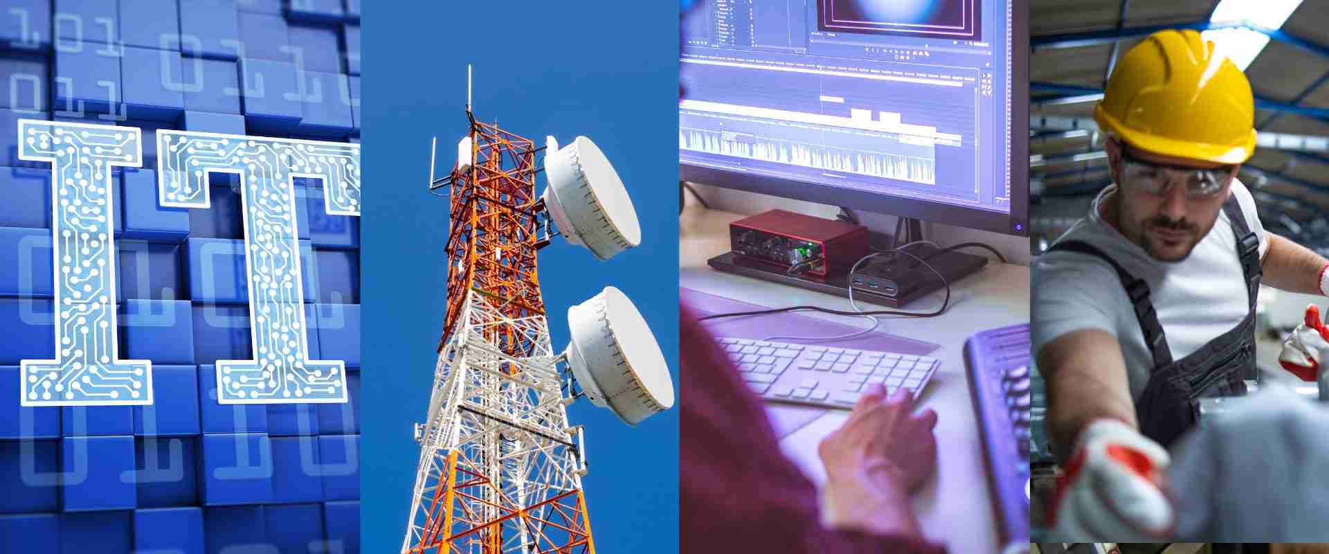 A composite image illustrating the widespread application of the 19-inch rack standard across four major industries: Information Technology (server racks in a data center), Telecommunications (network switchgear), Professional Audio/Video (broadcast mixing console), and Industrial & Scientific (control panel in an automation facility).