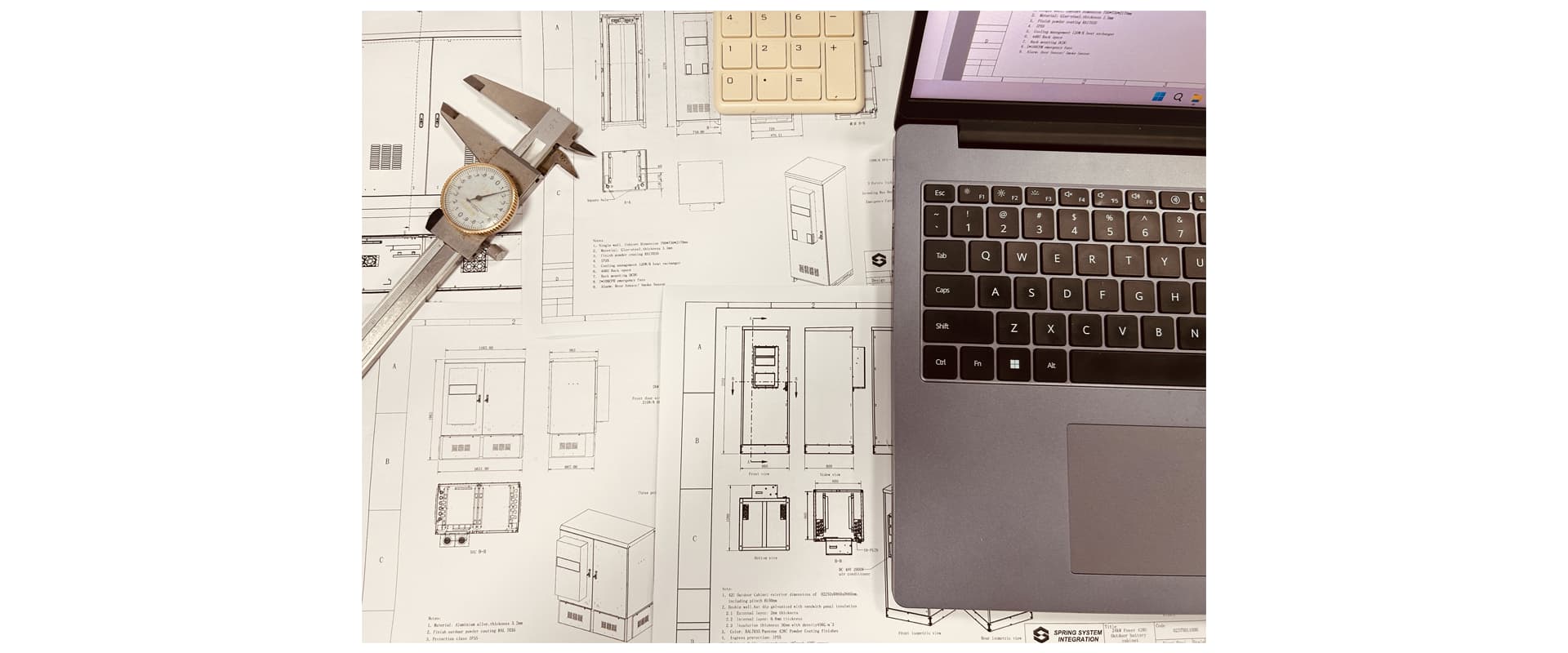 An engineer transitions from reviewing printed datasheets to creating a custom technical drawing on a laptop.