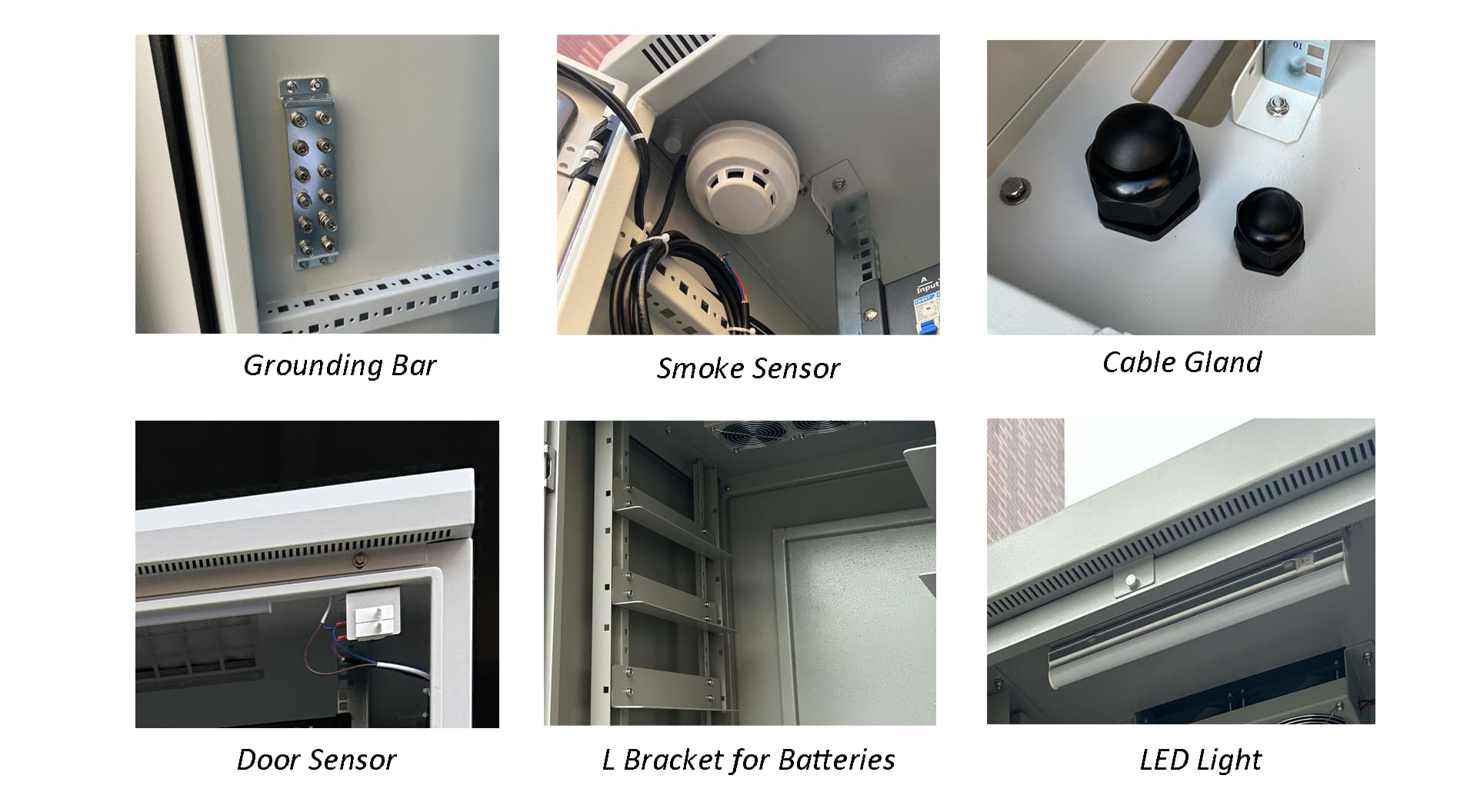 Various internal cabinet accessories available for pre-installation, including grounding bar, smoke sensor, cable gland, door sensor, L bracket for batteries, and LED light.