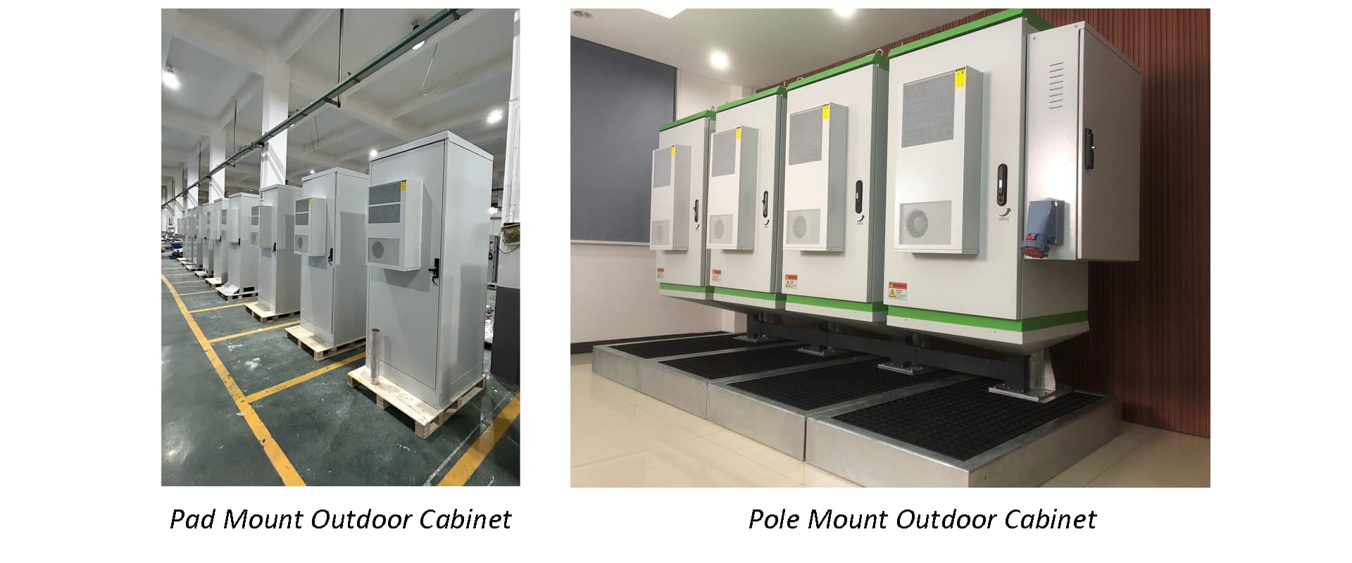 A diagram comparing two outdoor cabinet installation types: pad mount and pole mount.