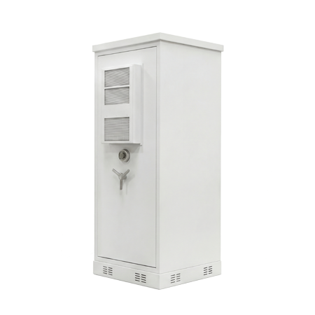 Left-front angled view of the SiteVault Series Anti-Theft Outdoor Cabinet, showing the integrated air conditioner, high-security electronic lock, and reinforced side wall construction.
