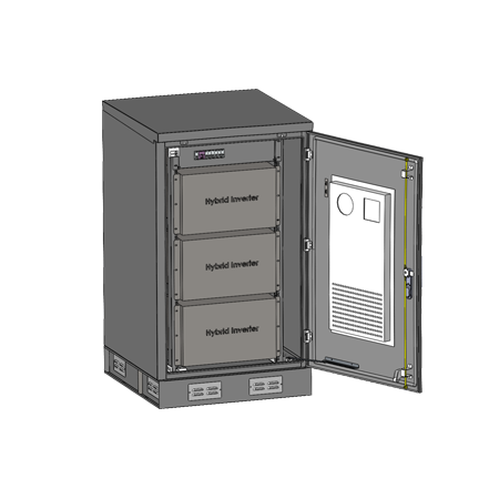 Open front view of 27U outdoor galvanized cabinet with three-point lock, 23