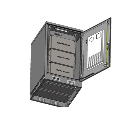 Open 27U outdoor galvanized cabinet bottom-up view with three-point mechanical lock, 23