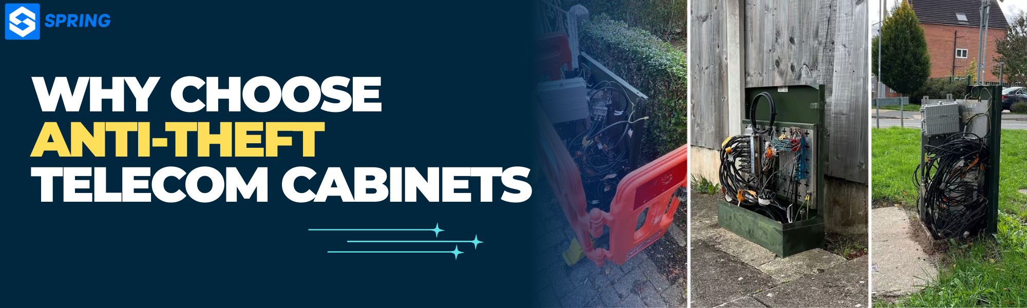 Why Choose Anti-Theft Telecom Cabinets - Damaged and breached outdoor telecom cabinets showing metal theft and vandalism impacts, highlighting the need for physical anti-theft solutions for critical telecom infrastructure.