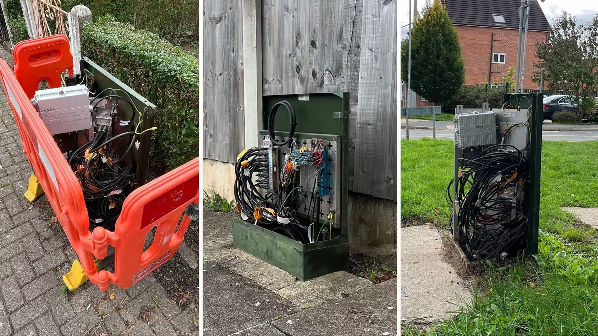 Damaged outdoor telecom cabinets showing exposed wiring and internal components after metal theft and vandalism, highlighting the risks to critical telecom infrastructure.