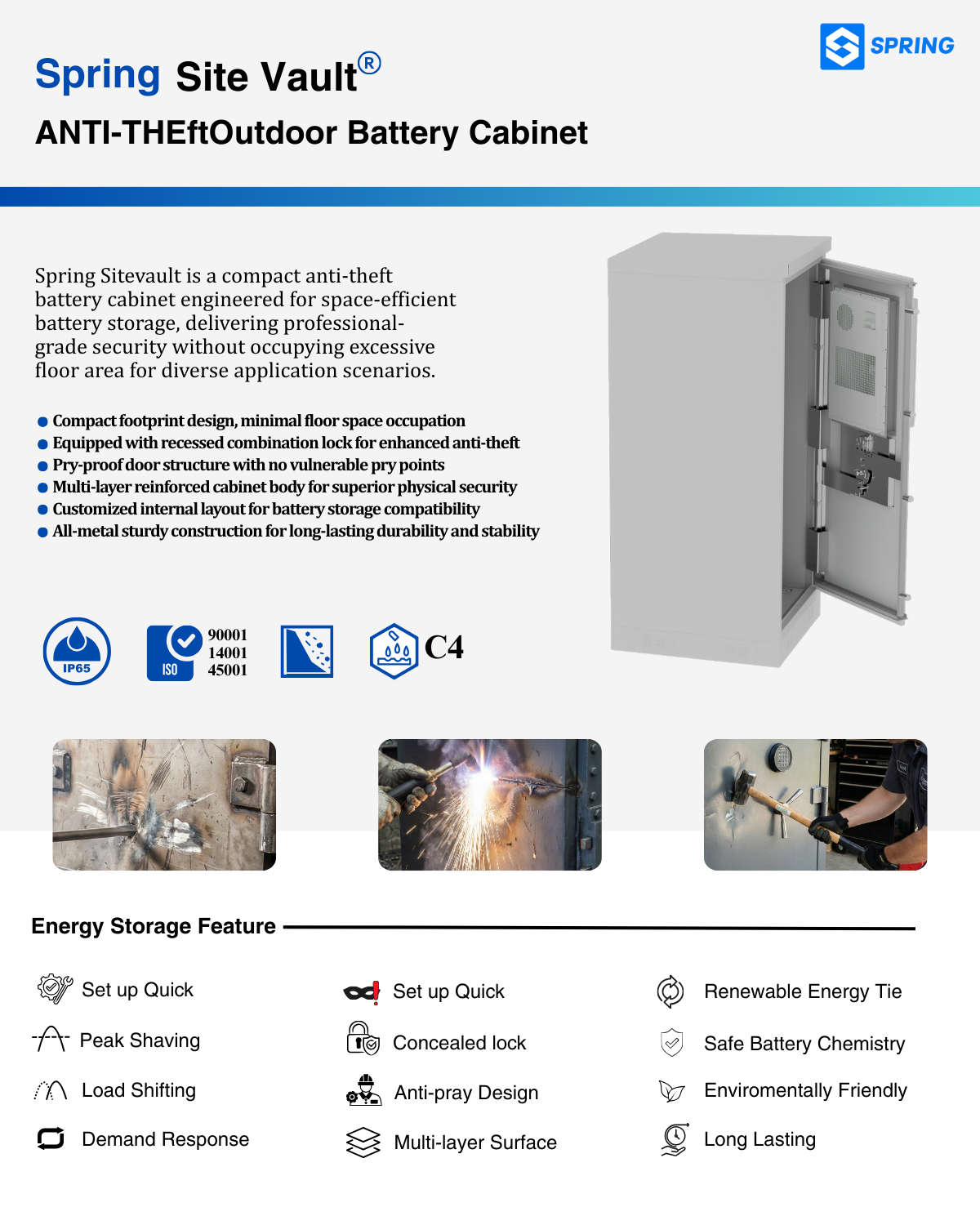 Spring Site Vault Anti-Theft Outdoor Battery Cabinet - Compact anti-theft design with IP65, ISO certifications, multi-layer reinforced structure, and anti-pry/cut resistance for energy storage and telecom infrastructure security.