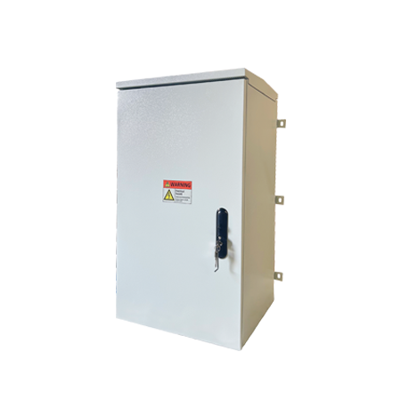19U IP55 smart outdoor box with door closed, wall-mount design for Middle East traffic systems, showing compact exterior with fan cooling vents and IP55 weatherproof enclosure.