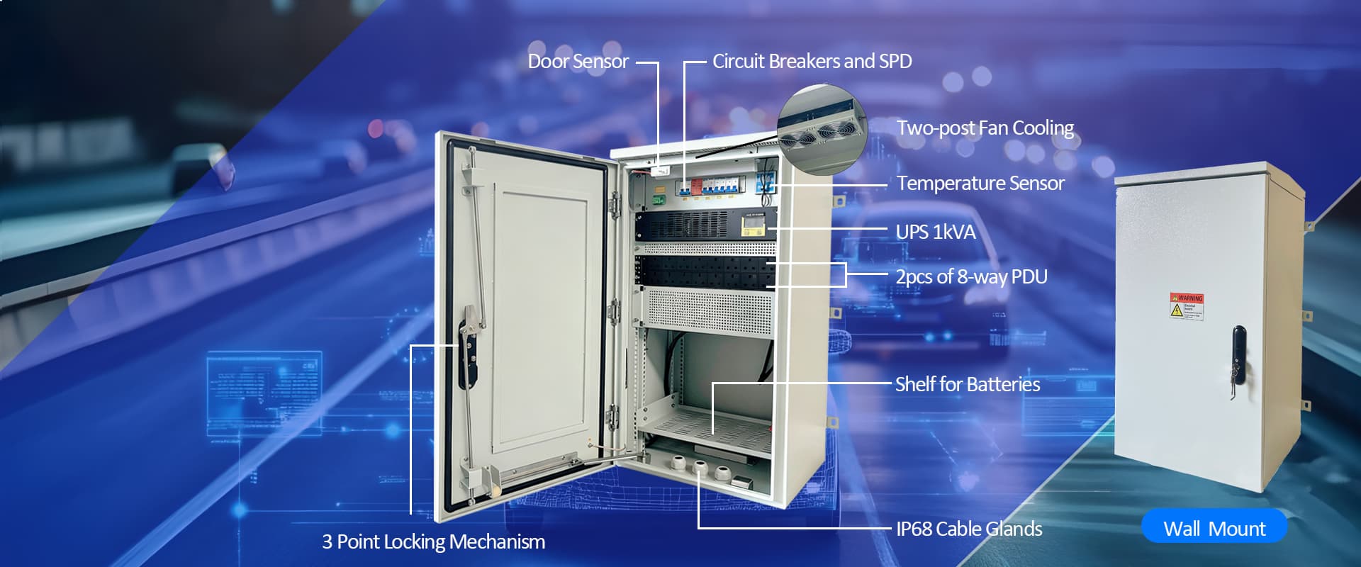 *"What's included parts list for 19U IP55 outdoor box: door sensor, circuit breakers and SPD, two-post fan cooling, temperature sensor, 1kVA UPS, two pieces of 8-way PDU, shelf for batteries, IP68 cable glands, wall mount bracket, and three-point locking mechanism."*