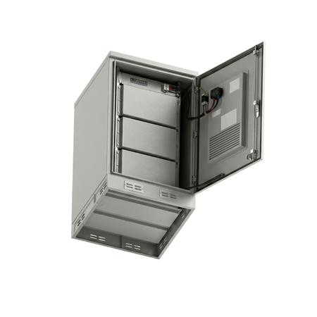 Bottom angle shot of open 27U IP55 outdoor telecom enclosure cabinet, showing base structure, internal compartments and door wiring harness of metal communication equipment cabinet