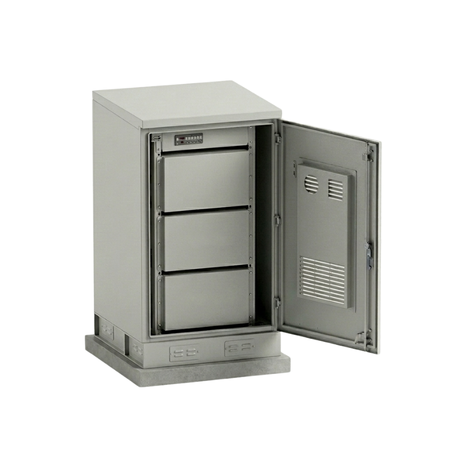 27U IP55 open door outdoor telecom metal enclosure cabinet, showing internal installation compartments and door ventilation structure for communication power equipment